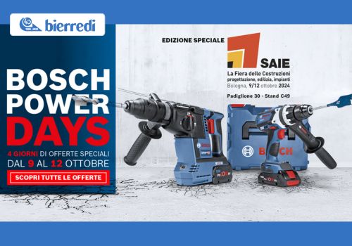 Volantino promozionale Bosch Power Days. La foto rappresenta due elettroutensili a marchio Bosch e la scritta, a sinistra, Bosch Power Days, 4 giorni di offerte speciali dal 9 al 12 ottobre, scopri tutte le offerte.