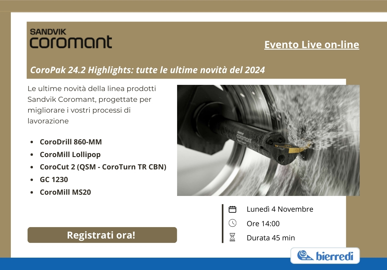 Locandina dell'evento live online organizzato da Sandvik Coromant. Il titolo dell'evento è: CoroPak 24.2 Highlights: tutte le ultime novità del 2024. Sotto data e ora dell’evento: lunedì 4 novembre, ore 14:00, durata 45 minuti. Sotto il pulsante Registrati ora!