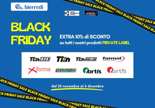 In alto logo Bierredi e la scritta: dal 25 novembre al 6 dicembre. Sotto la scritta: Black Friday, 10% si sconto su tutti i nostri prodotti private label. A destra i loghi tkn-chem, tkn, tkn-mag-line, format, performa, evergreend, fortis.