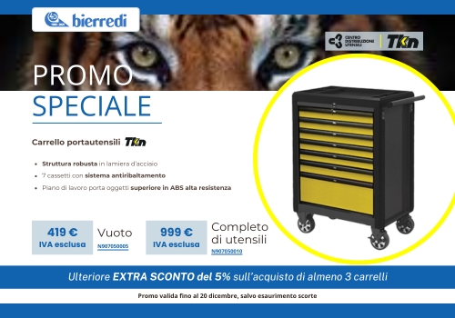 Copertina della promo speciale carrello tkn n907050005. In alto i loghi Bierredi, Centro distribuzione utensili e TKN. Al centro l'immagine del carrello e informazioni tecniche. Sotto la scritta: ulteriore extra sconto del 5% sull'acquisto di almeno 3 carrelli. Sotto ancora la scritta: promo valida fino al 20 dicembre, salvo esaurimento scorte.