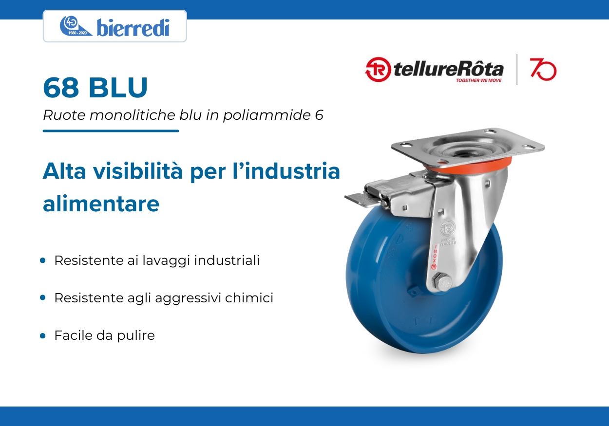 In alto a sinistra il logo Bierredi e a destra il logo Tellure Rota. Al centro le scritte: 68 BLU ruote monolitiche in poliammide 6, alta visibilità per l'industria alimentare. Sotto: resistente ai lavaggi industriali, resistente agli aggressivi chimici, facile da pulire.