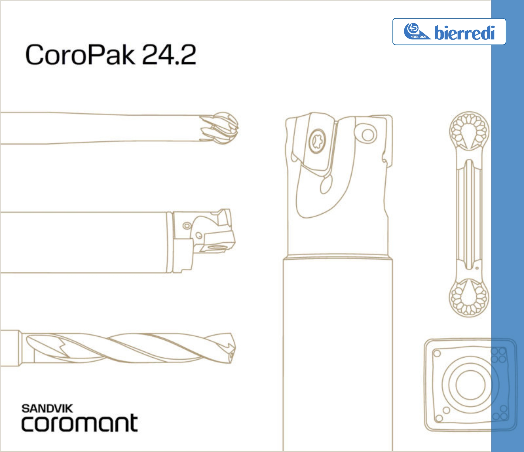 Copertina di presentazioni dei nuovi prodotti Sandvik Coromant 2024. In primo piano immagini stilizzate di utensili da taglio. In alto a sinistra la scritta: CoroPak 24.2. In basso a sinistra il logo Sandvik Coromant. A destra una fascia blu in trasparenza e in alto il logo Bierredi.