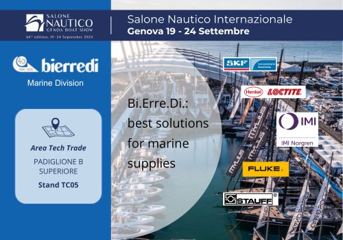 A sinistra il logo del Salone Nautico 2024 e Bierredi Marine Division. Sotto i riferimenti su dove trovarci in fiera: area tech trade, padiglione b superiore, stand TC05. Al centro sullo sfondo il porto di Genova e la scritta: Salone nautico internazionale, Genova 19-24 settembre. Sotto la scritta: Bierredi, best solutions for marine supplies. A destra i loghi dei 5 partner: SKF, Henkel Loctite, IMI norgren, Fluke e Stauff. 