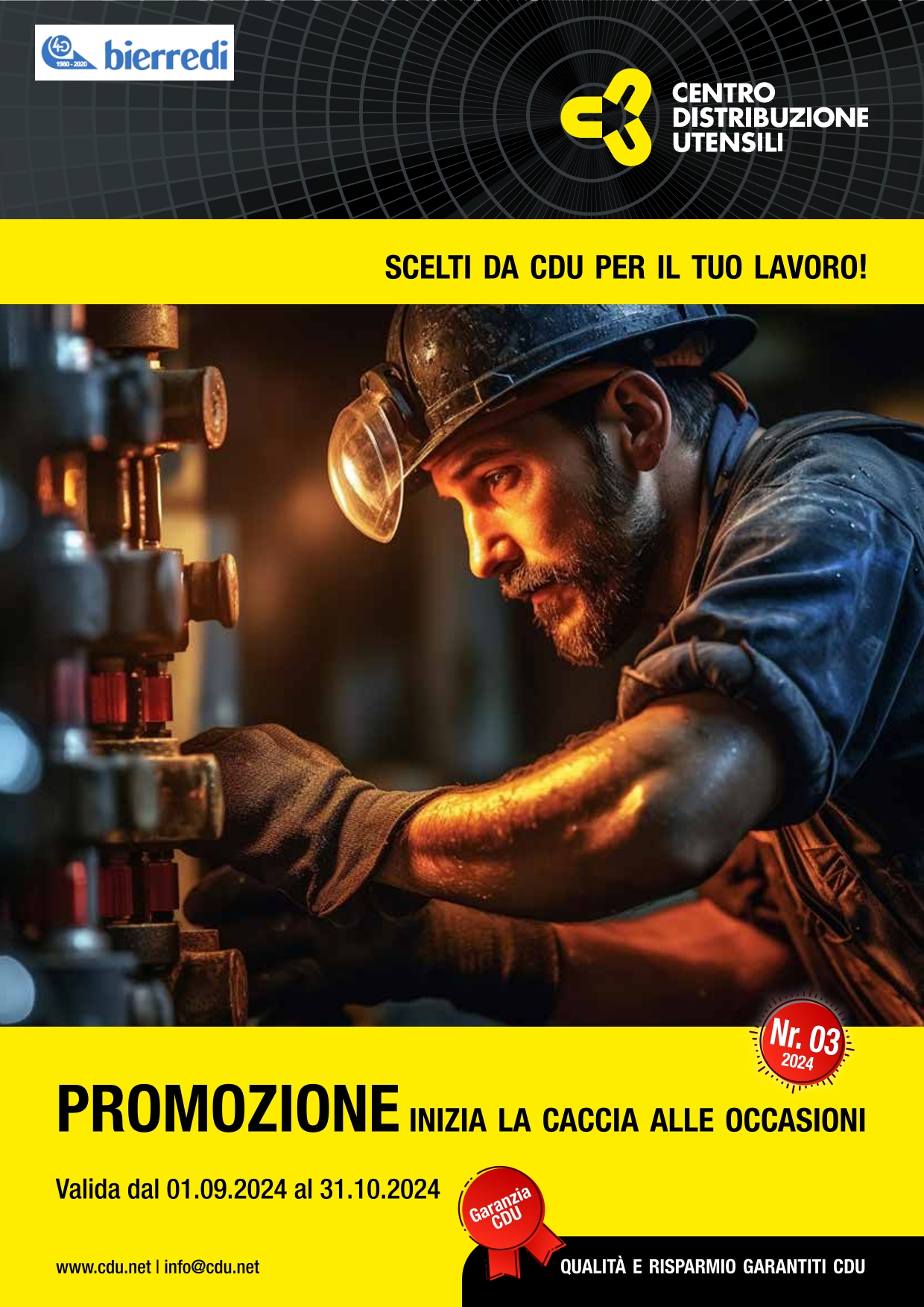 Copertina della promozione CDU "Inizia la caccia alle occasioni". Promo valida da settembre a ottobre 2024. In alto a sinistra il logo Bierredi e in alto a destra il logo Centro Distribuzione Utensili. Al centro l'immagine di un operatore a lavoro.