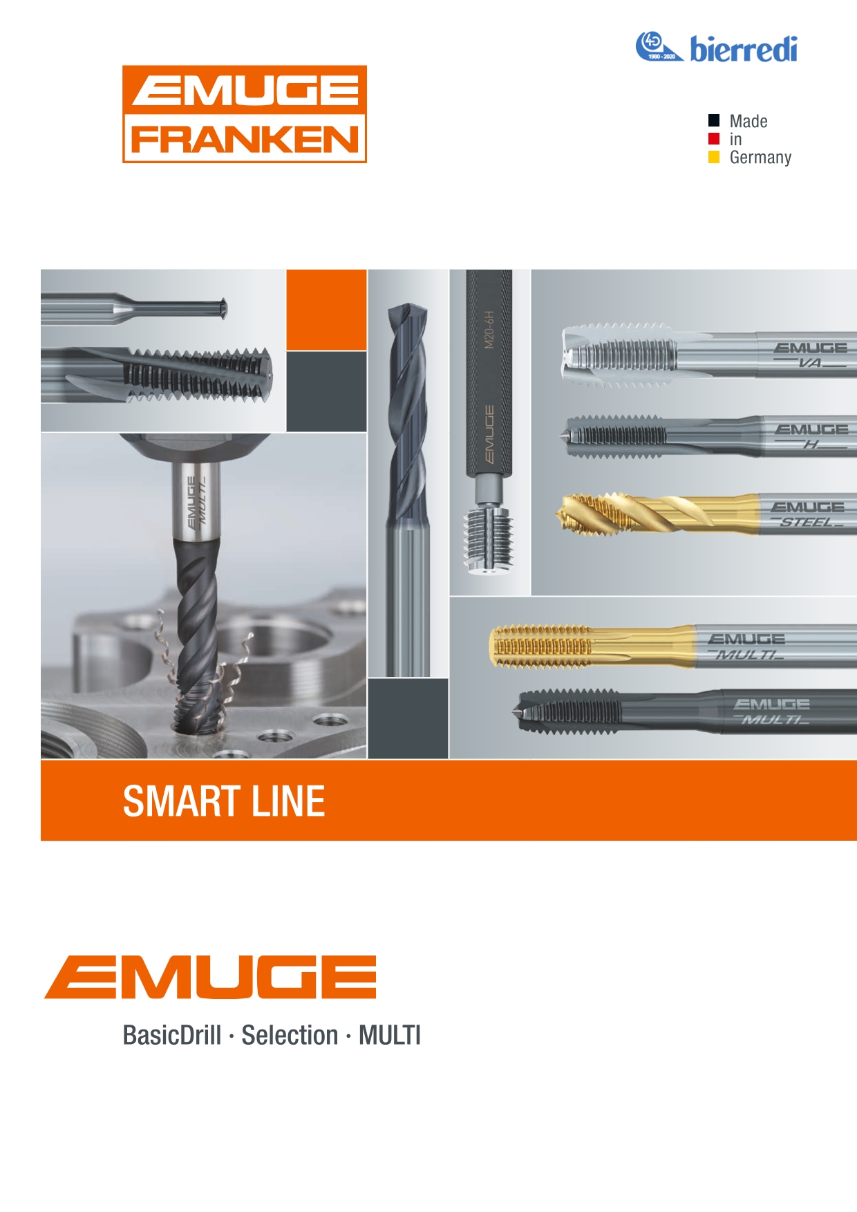 Copertina della brochure Smart Line di Emuge Franken. Al centro ci sono immagini di utensili da taglio per la meccanica di precisione. In alto a sinistra il logo Emuge Franken e in altoa destra il logo Bierredi.