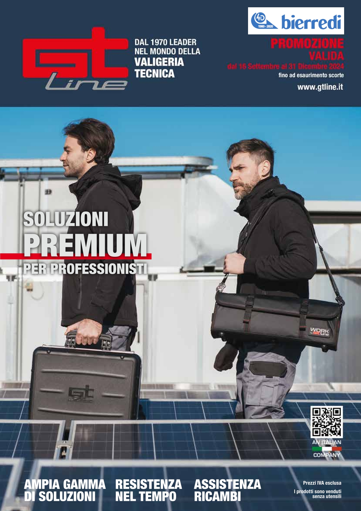 Copertina della promozione GT LINE. Il alto a sinistra il logo GT LINE e la scritta: dal 1970 leader nel mondo della valigeria tecnica. In alto a destra il logo Bierredi e la scritta: promozione valida dal 16 settembre al 31 dicembre fino a esaurimento scorte. Al centro la foto di due uomini con indosso due differenti modelli di valigie da lavoro e al centro la scritta: soluzioni premium per professionisti.