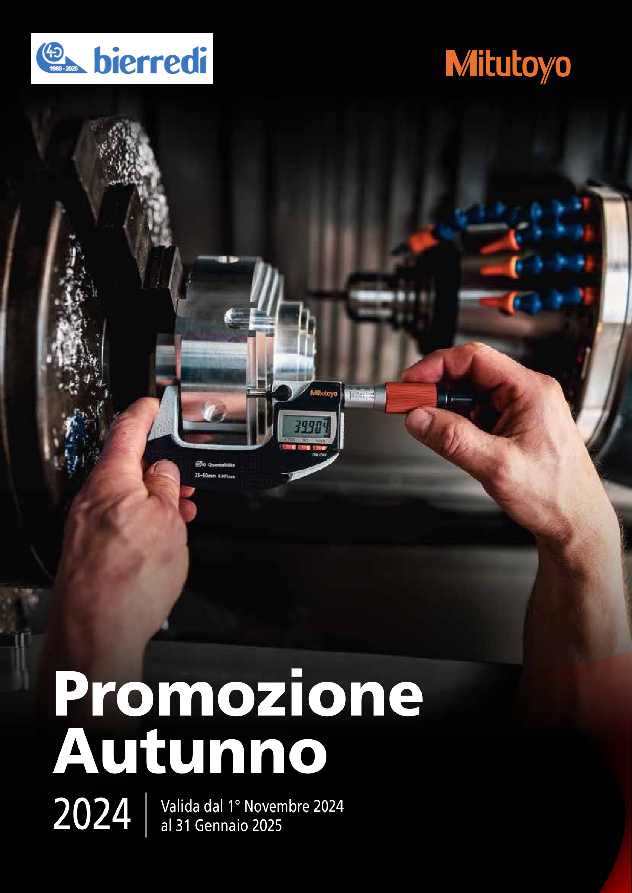 Copertina della promozione MITUTOYO. Il alto a sinistra il logo Bierredi e a destra il logo Mitutoyo. Sullo sfondo l'immagine di un operatore che effettua una misura con uno strumento. In basso la scritta: promozione autunno 2024, valida dal 1 novembre 2024 al 31 gennaio 2025.