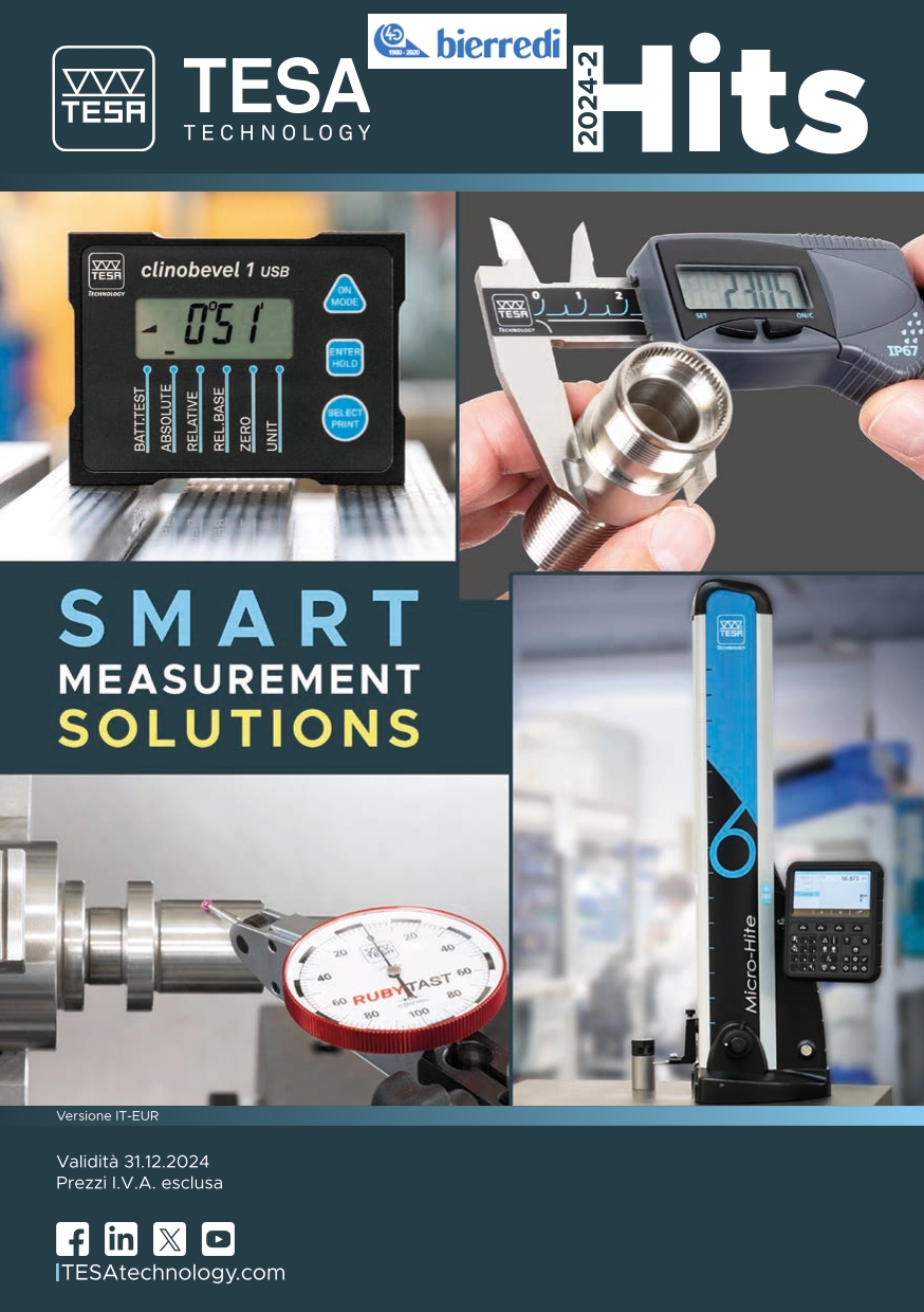 Copertina della promozione Tesa. In alto i loghi Tesa e Bierredi e la scritta "Hits 2024". Al centro, immagini di strumenti di misura in promo e la scritta "Smart Measurement Solutions". In basso il riferimento alla validità dell'offerta, fino al 31 dicembre 2024.