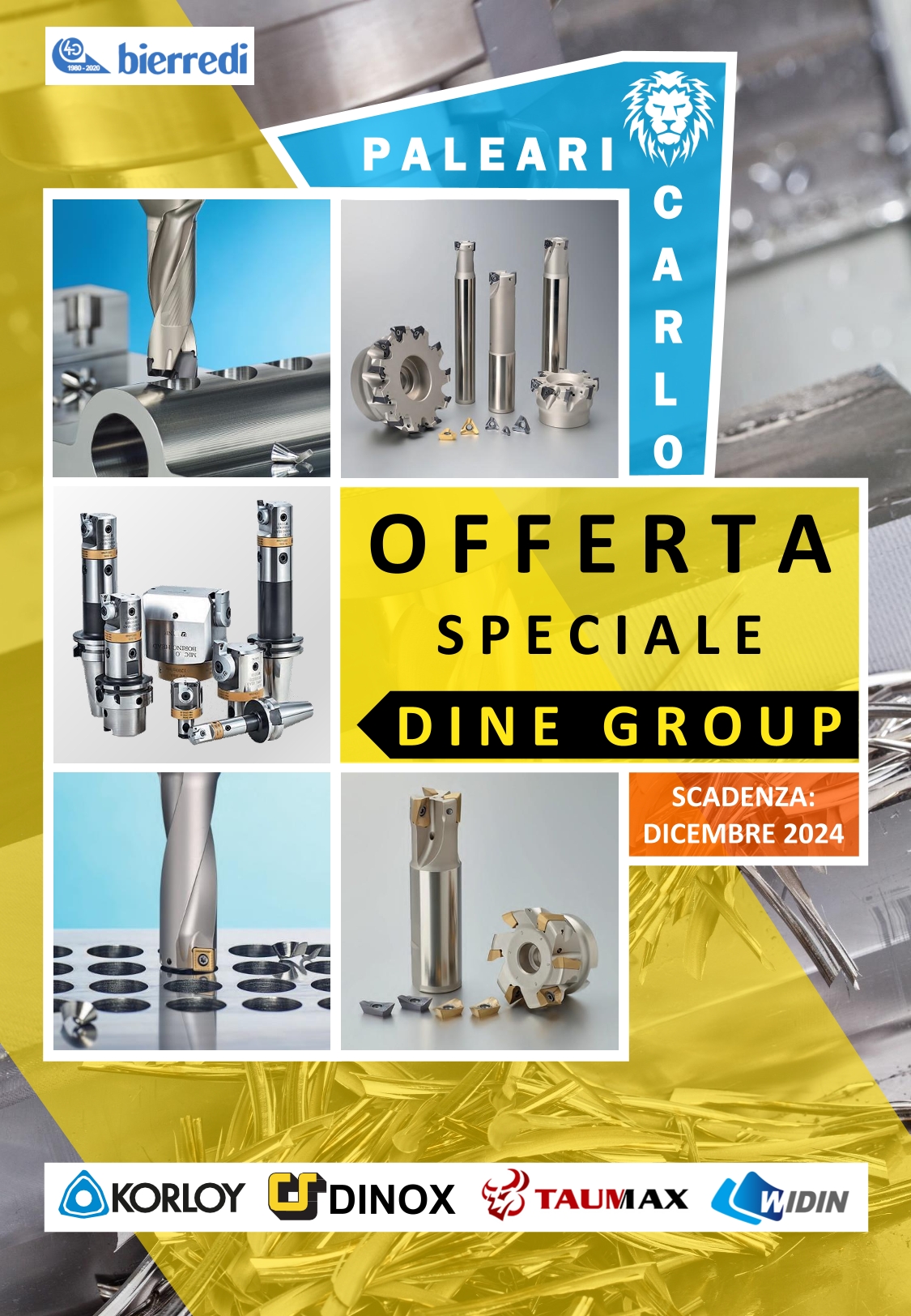 Copertina della promozione Paleari. In alto a sinistra il logo Bierredi e a destra il logo Paleari Carlo. Al centro immagini di utensili da taglio e la scritta "Offerta Speciale Dine Group, scadenza dicembre 2024".